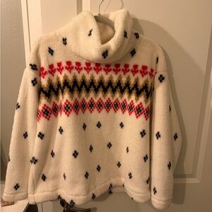 LOFT Cream Cowl Neck Sweater with Red and Black Pattern